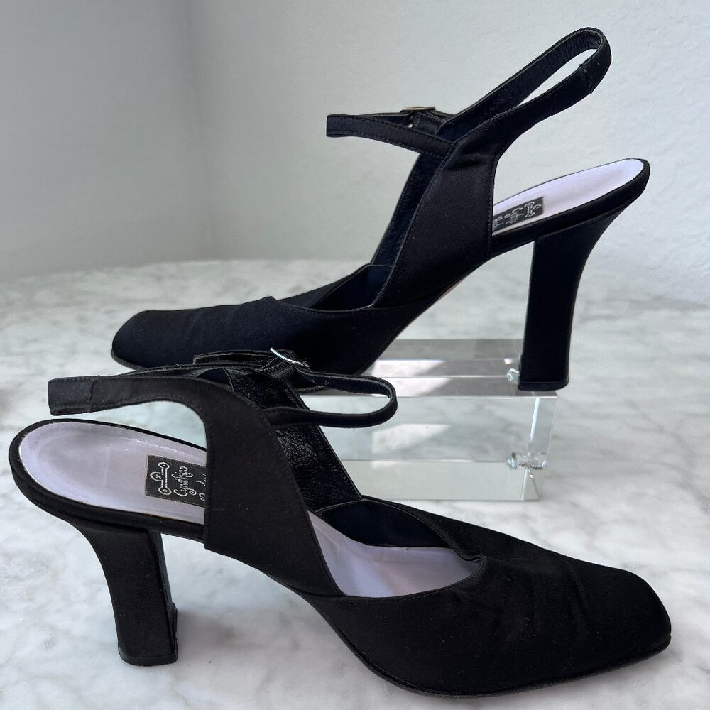 Cynthia Rowley Black Satin High Heels Shoes Women's Buckle Slingback Fabric 9AA